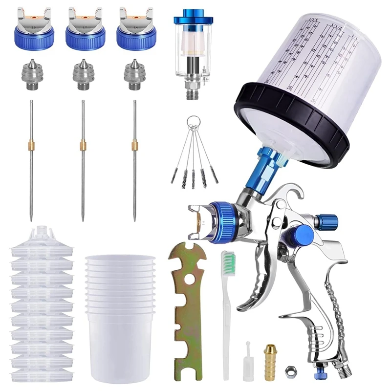 Hvlp Air Spray Paint Kit With 10Pcs 600ML Mixing Quick Cups, 1.4/1.7/2.0Mm Nozzles & Water Oil Separator, Paint Sprayer