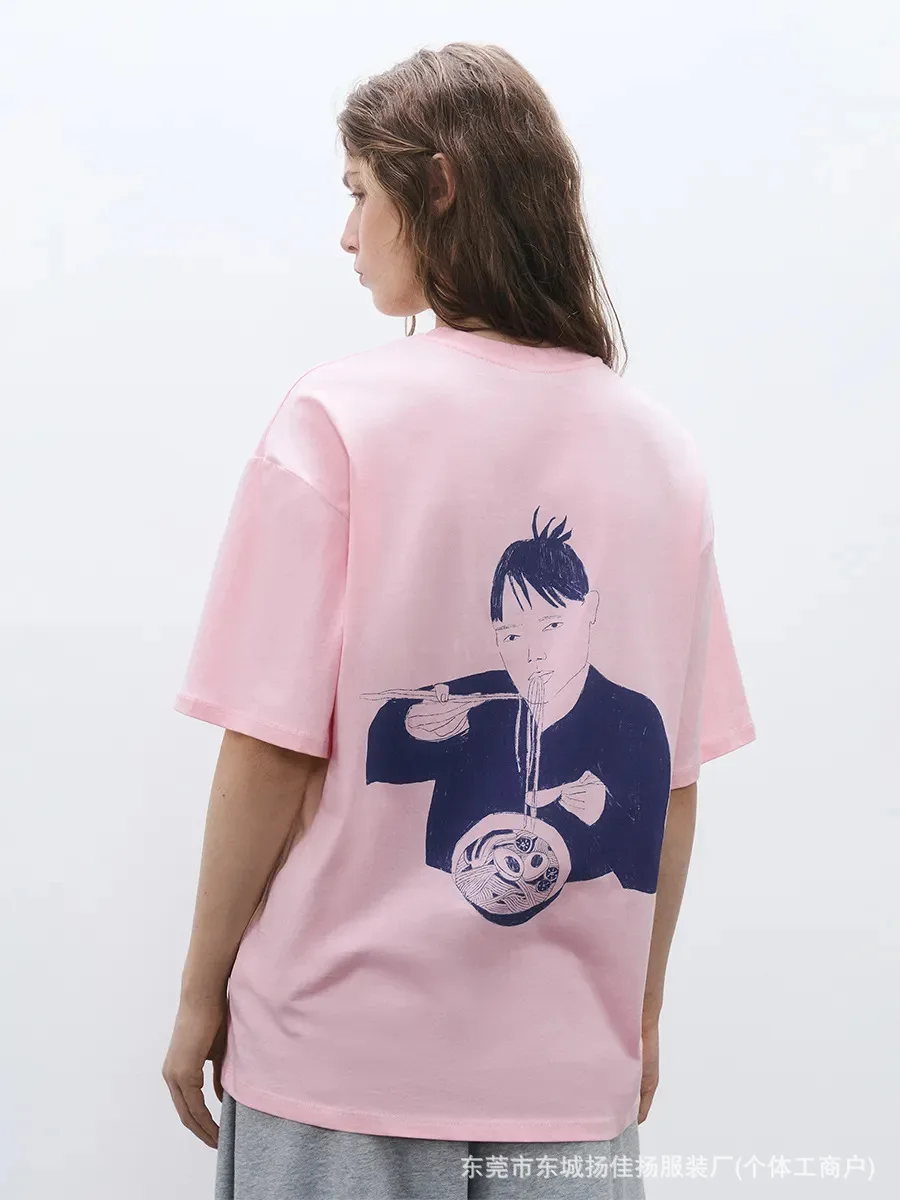 High Quality Pure Cotton Pink Japanese Ramen Graphic Oversized Cotton T-Shirt Pink Back Print Casual Streetwear Top Fun Chic Tee