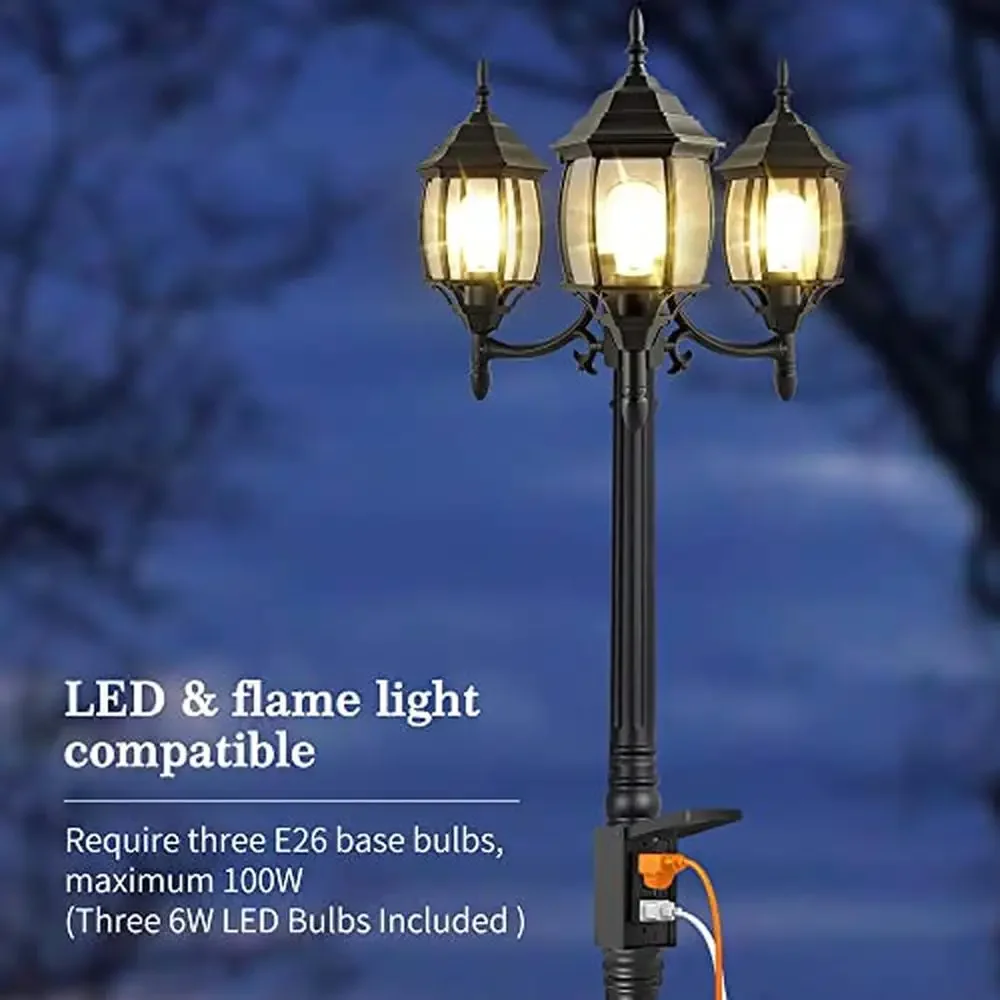 Outdoor Lamp Post Light with GFCI Outlet 3-Head Glass Panels IP65 Waterproof 3 LED Bulbs Included Auto On/Off Electric Pole