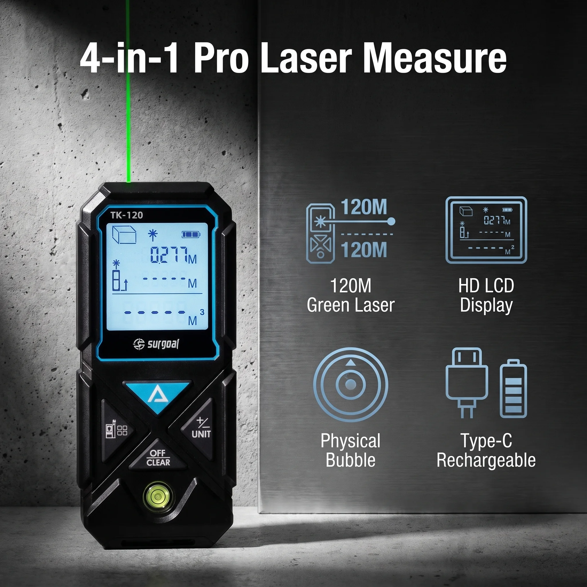 Laser Distance Meter With Bubble Level - SG SURGOA 4 em 1 Laser