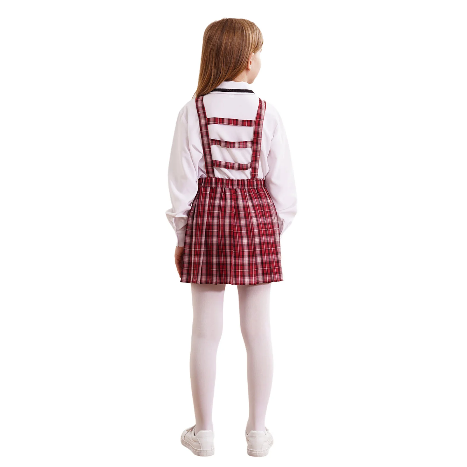 Traje de uniforme escolar plissado infantil, meninas Dance Performance, alças largas, xadrez, vestido geral plissado com gravata, manga longa,