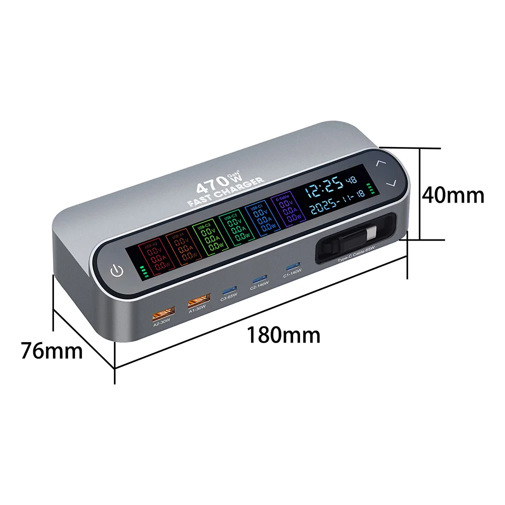 Neues Multi-Port 470W/405W GAN Schnellladegerät mit LCD-Display 140W Typ-C Desktop-Ladegerät mit 65W Skalierbarem Ladekabel – Detail 12