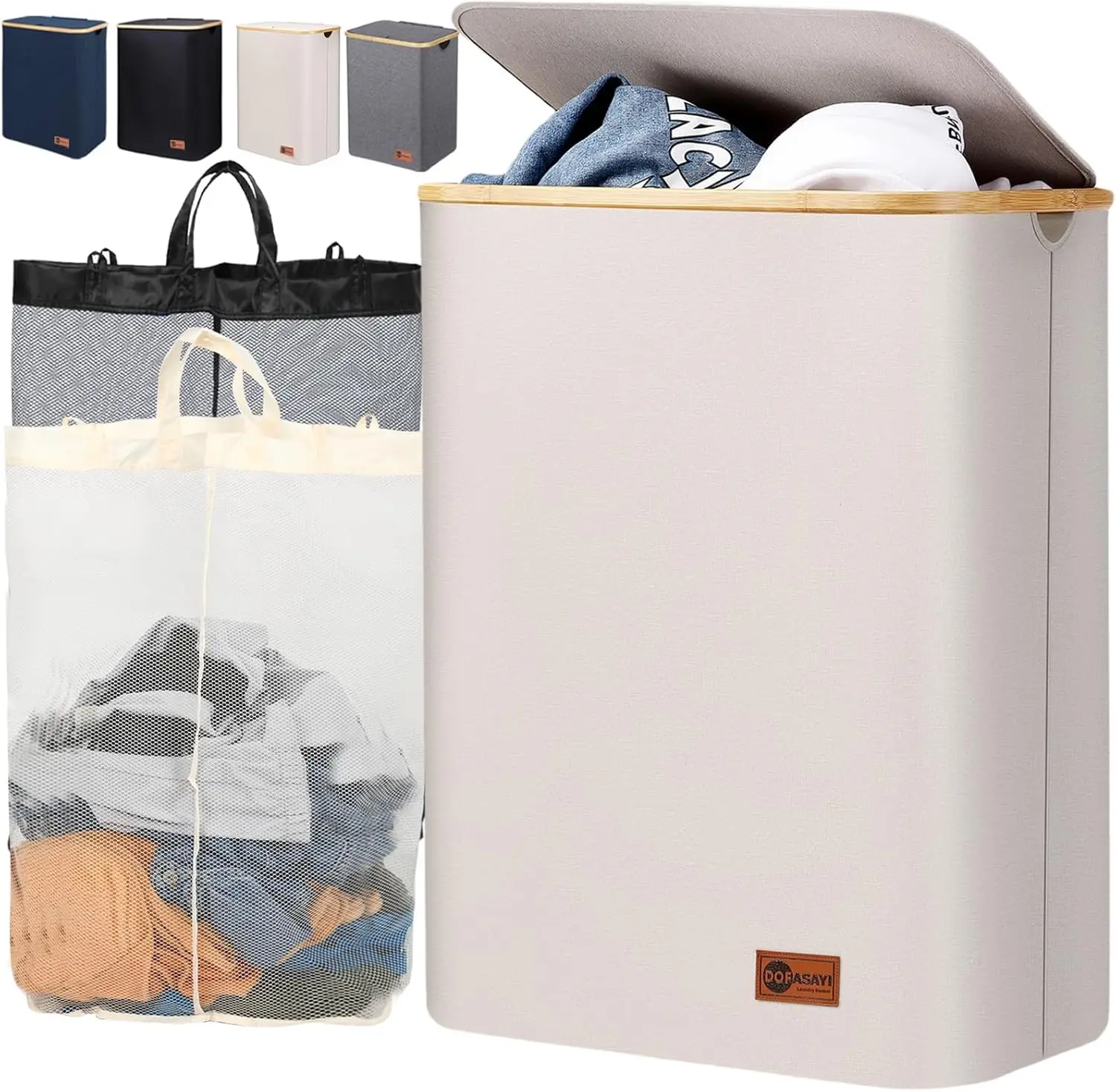 

Extra Large Laundry Hamper 2 Section with Removable Bag, Bamboo Handles, Foldable Clothes Hampers for Dirty Laundry Storage