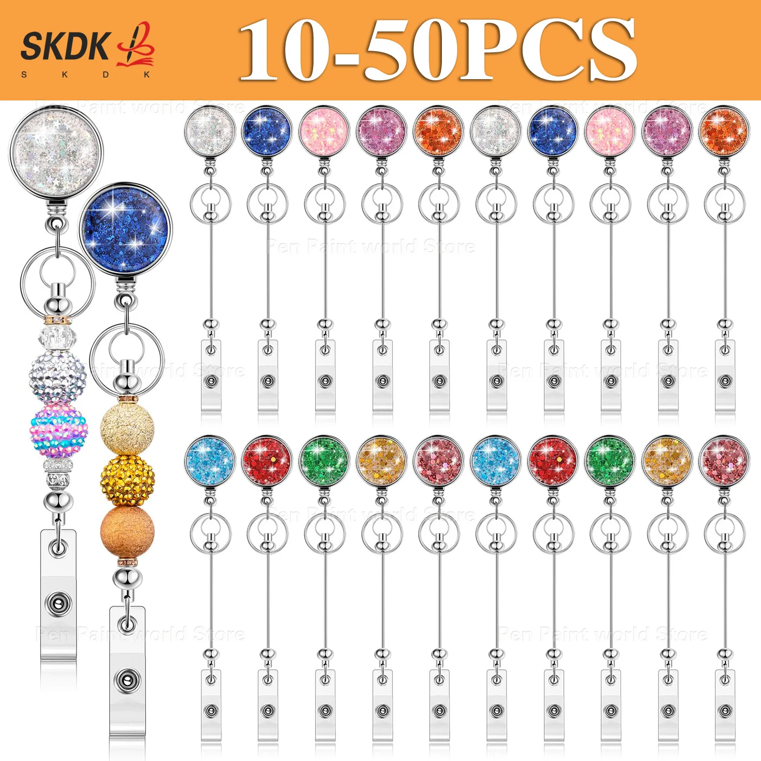 10-50Pcs Rotatable Clip Retractable Pull Badge Reel DIY Beaded Glitter Sequins Key & ID Card Holder Accessory