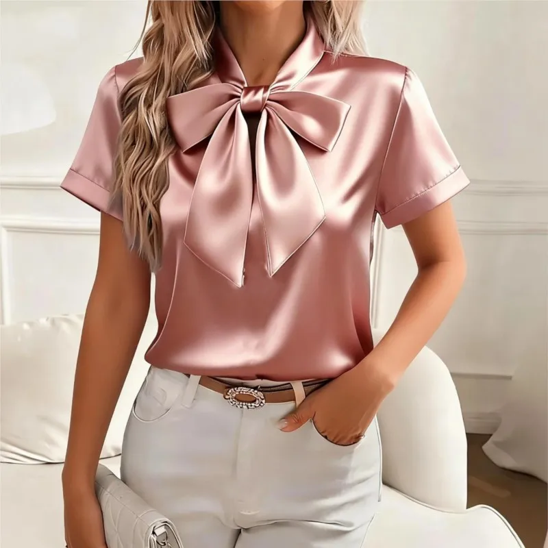

Elegant Satin Shirt 2026 Solid Color Short Sleeve Bow Tie Neck Lace-up Blouse Tops Office Lady Work Blouse Top Commute