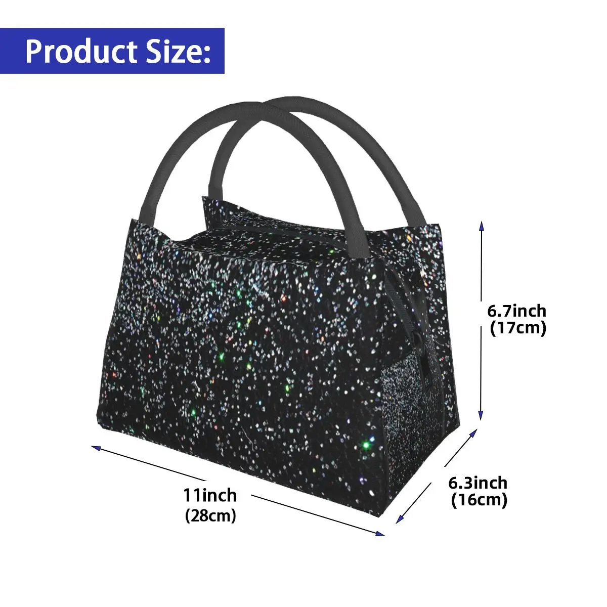 Black Silver Glitter Insulated Lunch Bag for Women Children Portable Food Boxes Thermal Lunch Box Tote