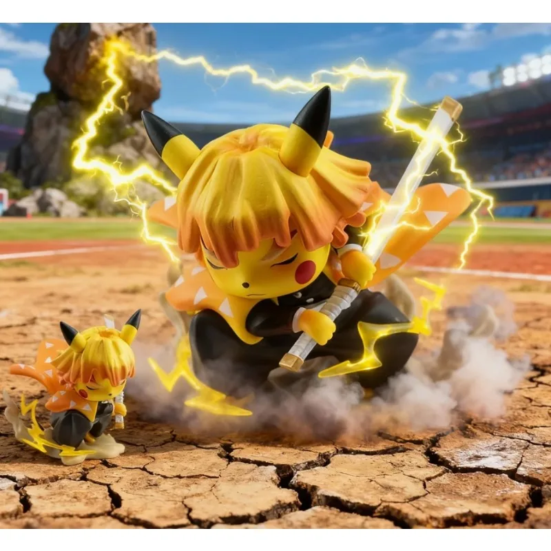 بيكاتشو أنيمي الشكل بيكاتشو كروسدرينج شيطان القاتل Agatsuma Zenitsu تمثال تمثال نموذج دمية جمع لعبة مزخرفة هدية #1