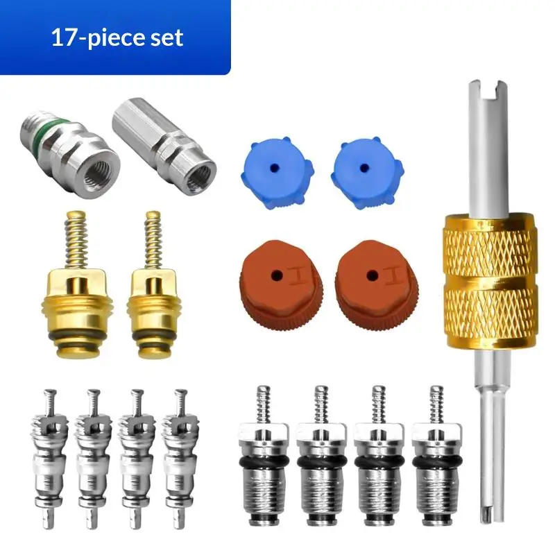 17Pcs/LOT Car R12 R134a Refrigeration Schrader Valve Stem Cores Service Charging Port Seal Caps Kit Air Conditioning Valve Core