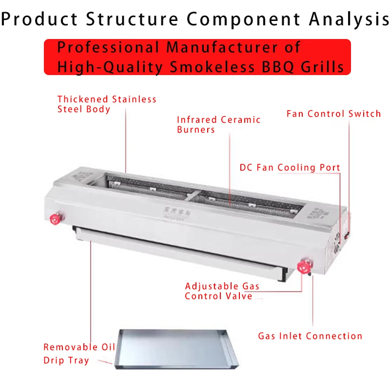 BK-90-2-26 Industrial Stainless Steel LPG BBQ Roaster Infrared Burner Smokeless Skewer Grill Machine with Adjustable Heat