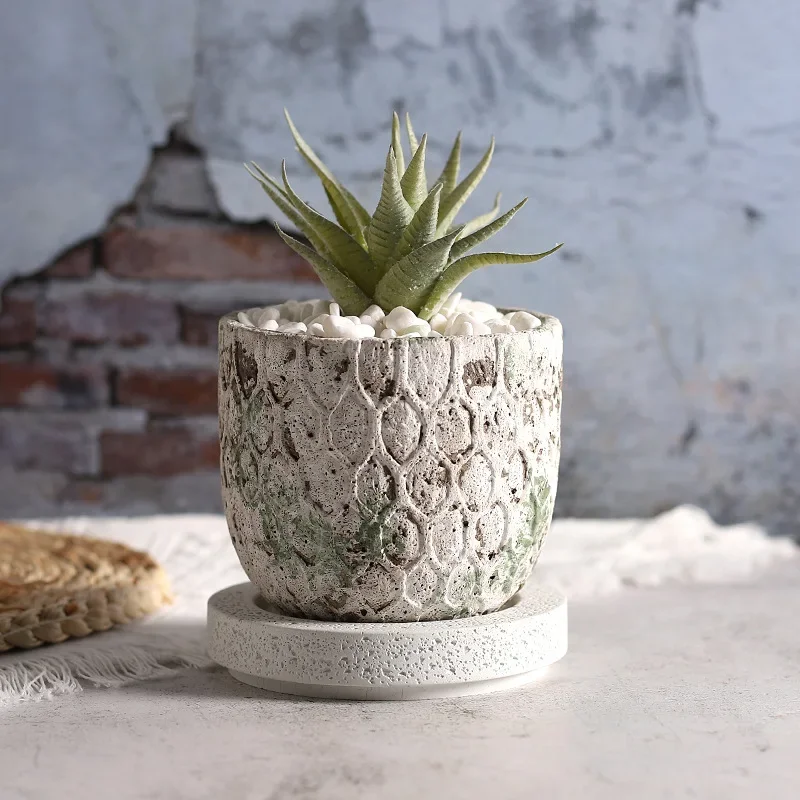 Moss-colored Cement Flowerpot Garden Accessories Mesh Embossed Succulent Plant Grower Home Decorliving Room Desktop Ornament
