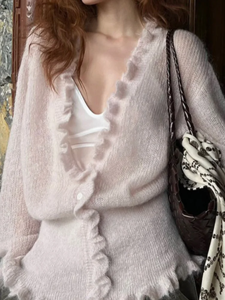 

Chic Solid Ruffled See Though Cardigan Women Fashion V-neck Full Sleeve Short Knitted Sweaters Lady 2025 Casual Street Cardigans
