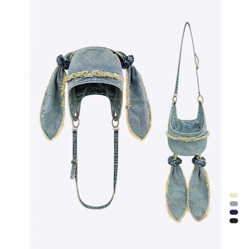 

Japanese Rough Edge Rabbit Ear Denim Pullover Hat Men and Women Spring and Summer Personality Trend Rivet Skull Beanie Cap