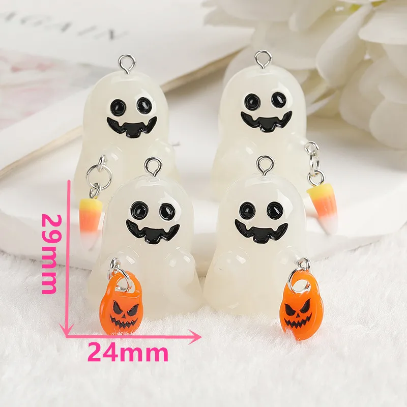 Dijes de resina 3D para Halloween, colgante de calabaza de caramelo de maíz, fantasma oscuro que brilla en la oscuridad, llavero, collar, fabricación de joyas Diy, 8 piezas