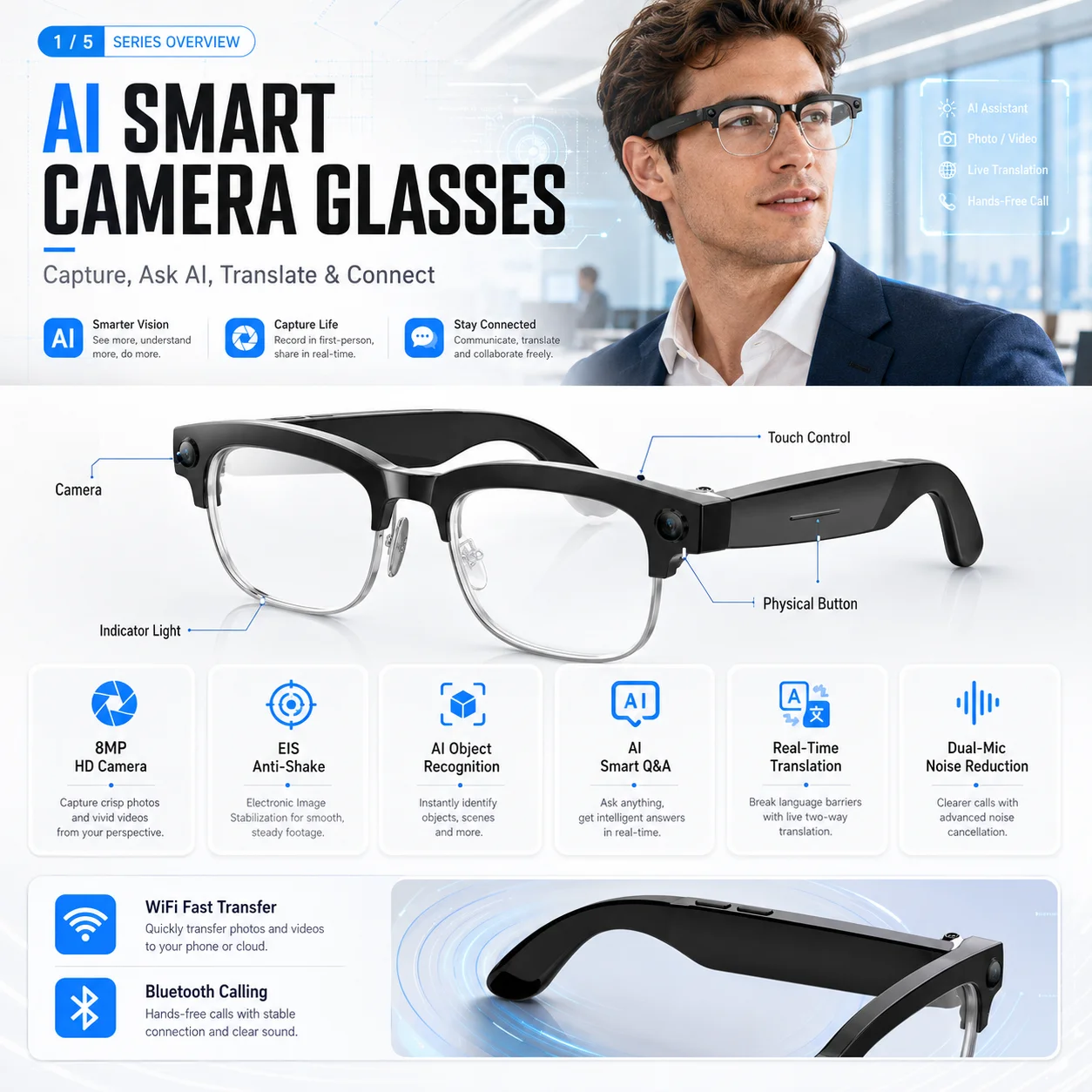 4K UHD Metal Half Frame Glasses 8MP HD Camera 4GB Memory Wi-Fi Image Transfer AI Real-Time Translation Waterproof Smart Glasses