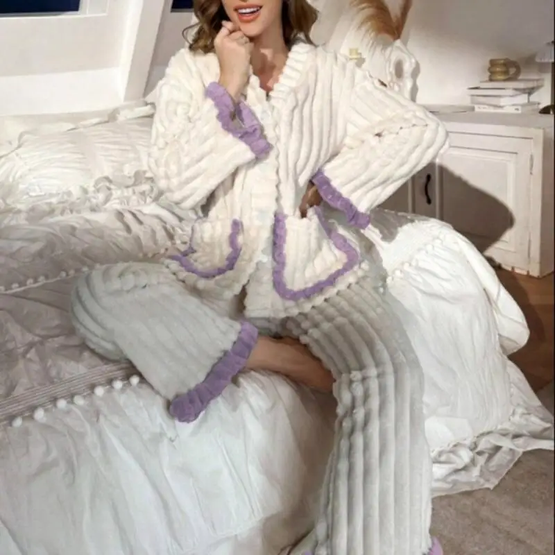 

Women's Clothing Pajama Set Homewear Long Sleeves Pants Two-Piece Set Autumn and Winter Thicken Comfortable Sweet Fashion