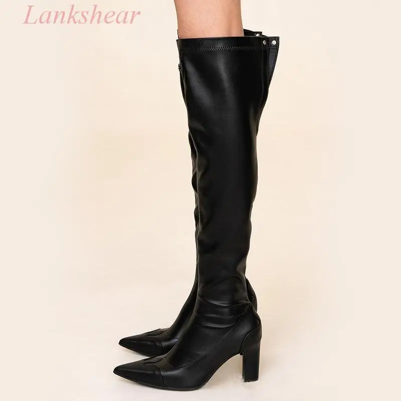 New Autumn and Winter Women's Vintage Compass Cross Black Boots Thick Heel Pointed Toe Leather Over The Knee High Runway Boots