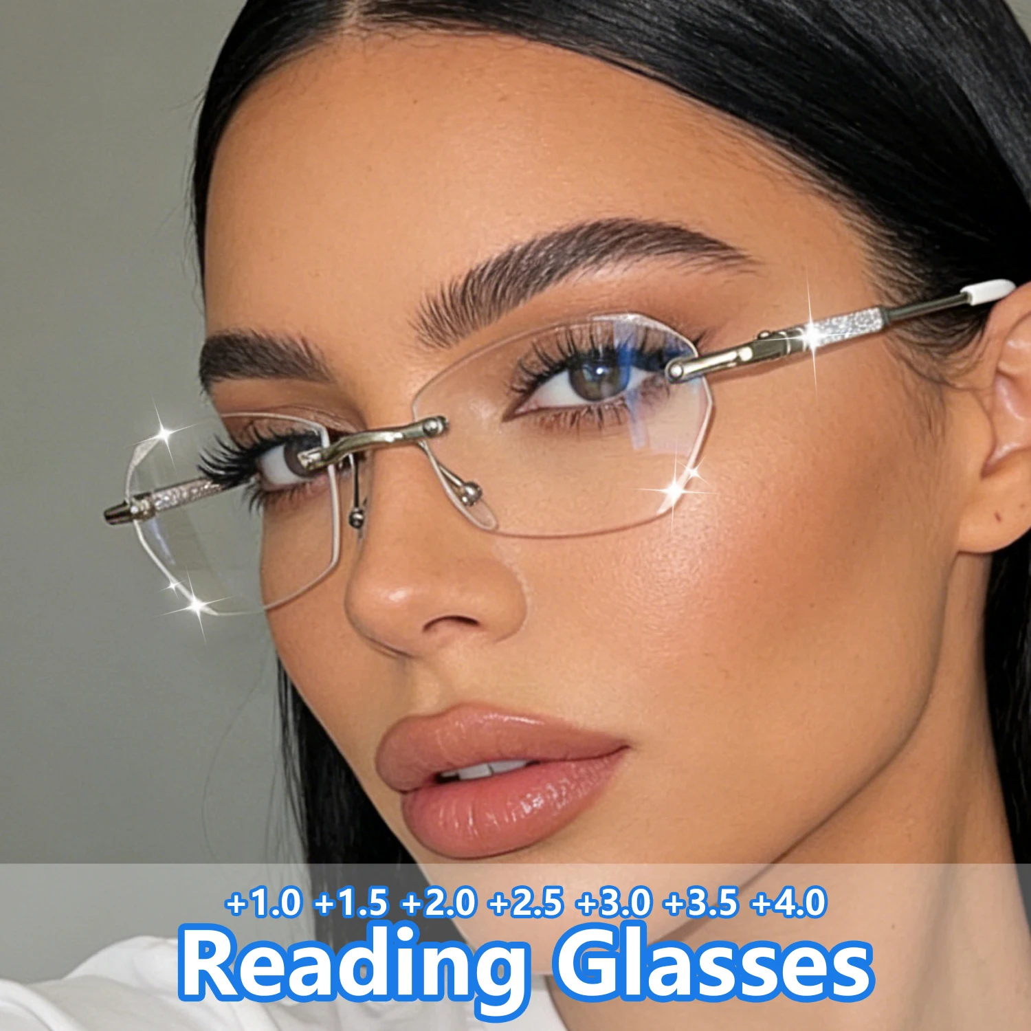 Rimless Glitter Reading Glasses for Women Diamond‑Cut Edge Metal Temple Fashion Presbyopic Glasses HD Lens Stylish Spectacles