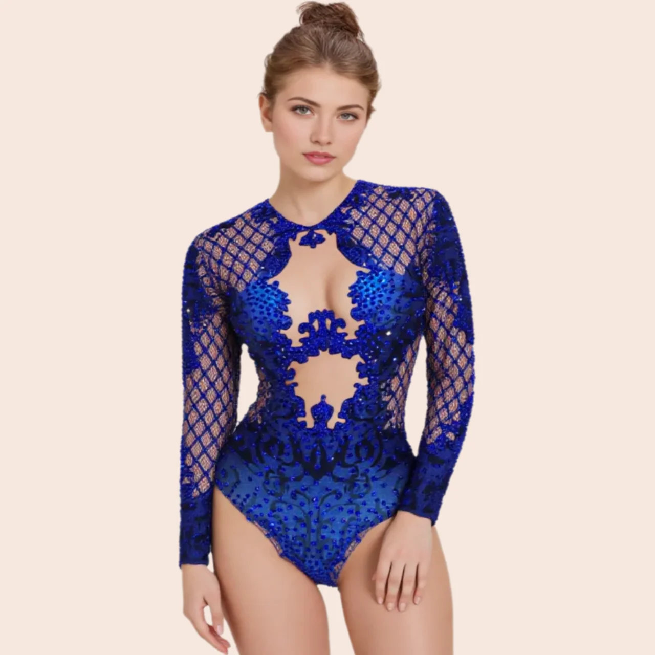 Gogo-Body Sexy con estampado azul para mujer, traje de bailarina con diamantes de imitación, mono de cristal de manga larga para mujer, leotardo de escenario para discoteca, Drag Queen