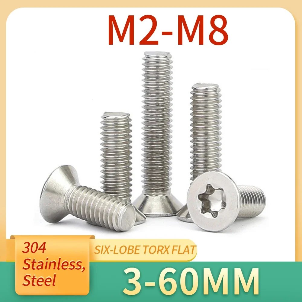 

10pcs M1.4 M1.6 M2 M2.5 M3 M4 M5 M6 M8 GB2673 Six Lobe Torx Flat Countersunk Head Screw Bolt 304 A2-70 Stainless Steel