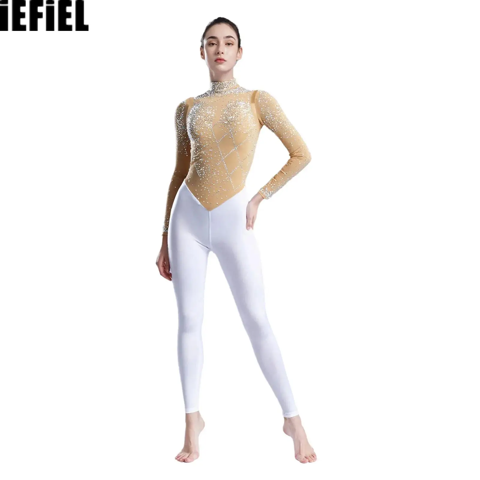 

Womens Patchwork Bodysuit Glittery Rhinestones Jumpsuit Sheer Mesh Mock Neck Long Sleeve Slim Rompers One-piece for Club Party