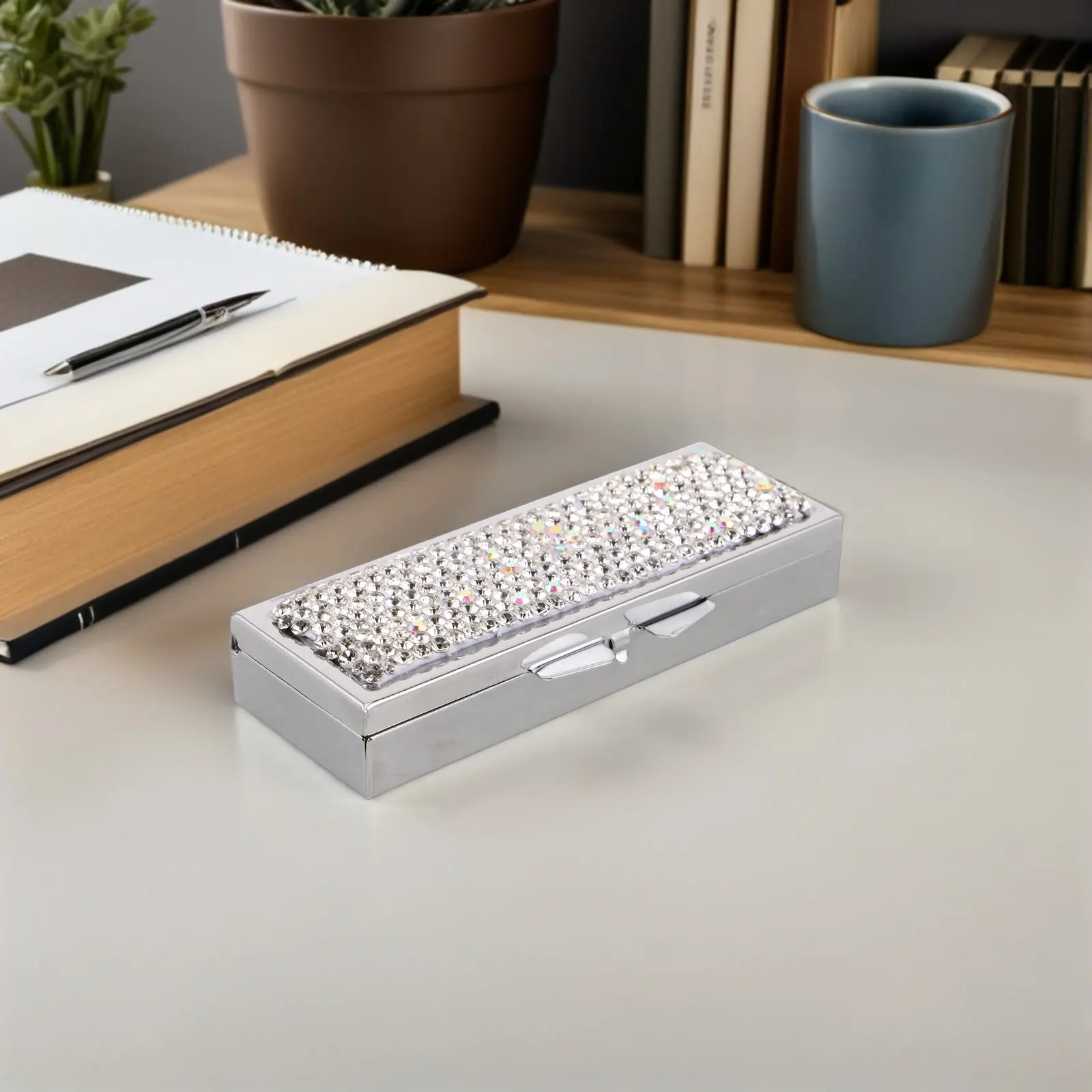 Rhinestone Pill Organizer 3 Compartment Portable Metal Medicine Box Elegant Crystal Design for Daily Use Travel Purse Pocket