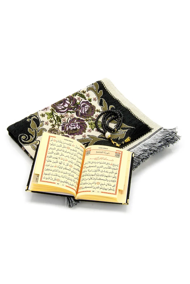 IQRAH Kadife Marsupials Luxury Prayer Rug Set-Black Color