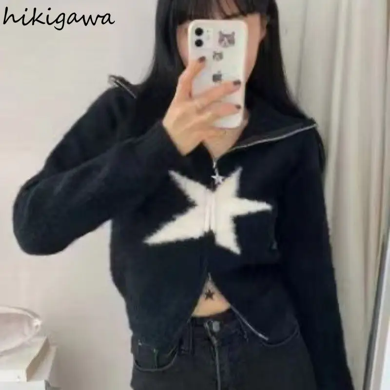 Knitted Cardigan for Women Vintage Contrast Color Star Sueter Mujer Y2k Clothing Casual Fashion Korean Cropped Sweater Jackets