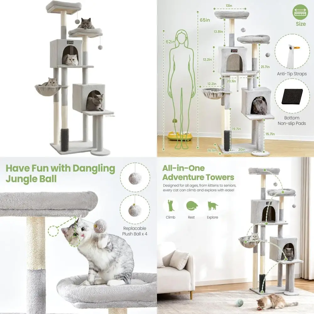 

65, очень высокая домашняя башня для кошачьего дерева с когтеточкой, гамаком и окунем для больших взрослых кошек — прочный многоуровневый Climbi XL