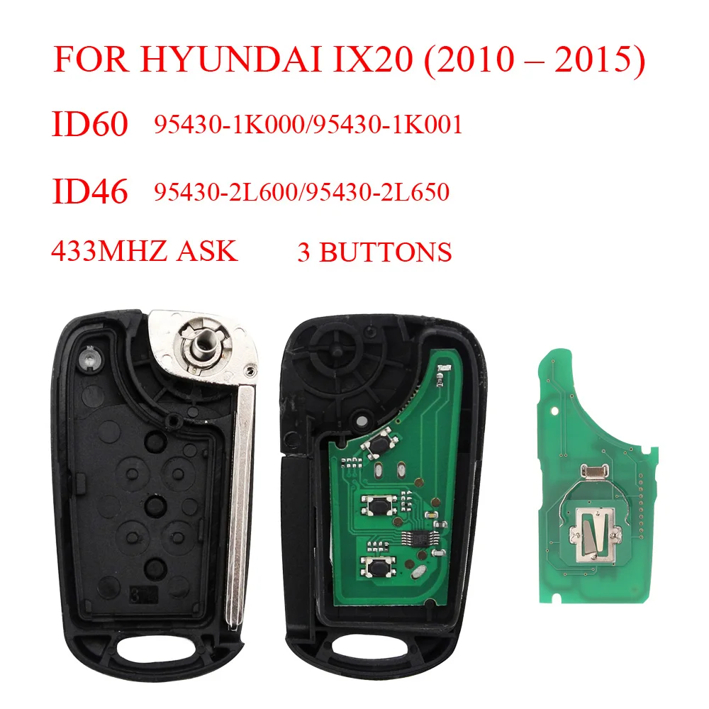 Jingyuqin 3 أزرار 433 ميجا هرتز ASK ID46/60 رقاقة أضعاف مفتاح السيارة عن بعد 2L600/2L650 K001/1K000 فوب التحكم لشركة هيونداي ix20 (2010-2015)