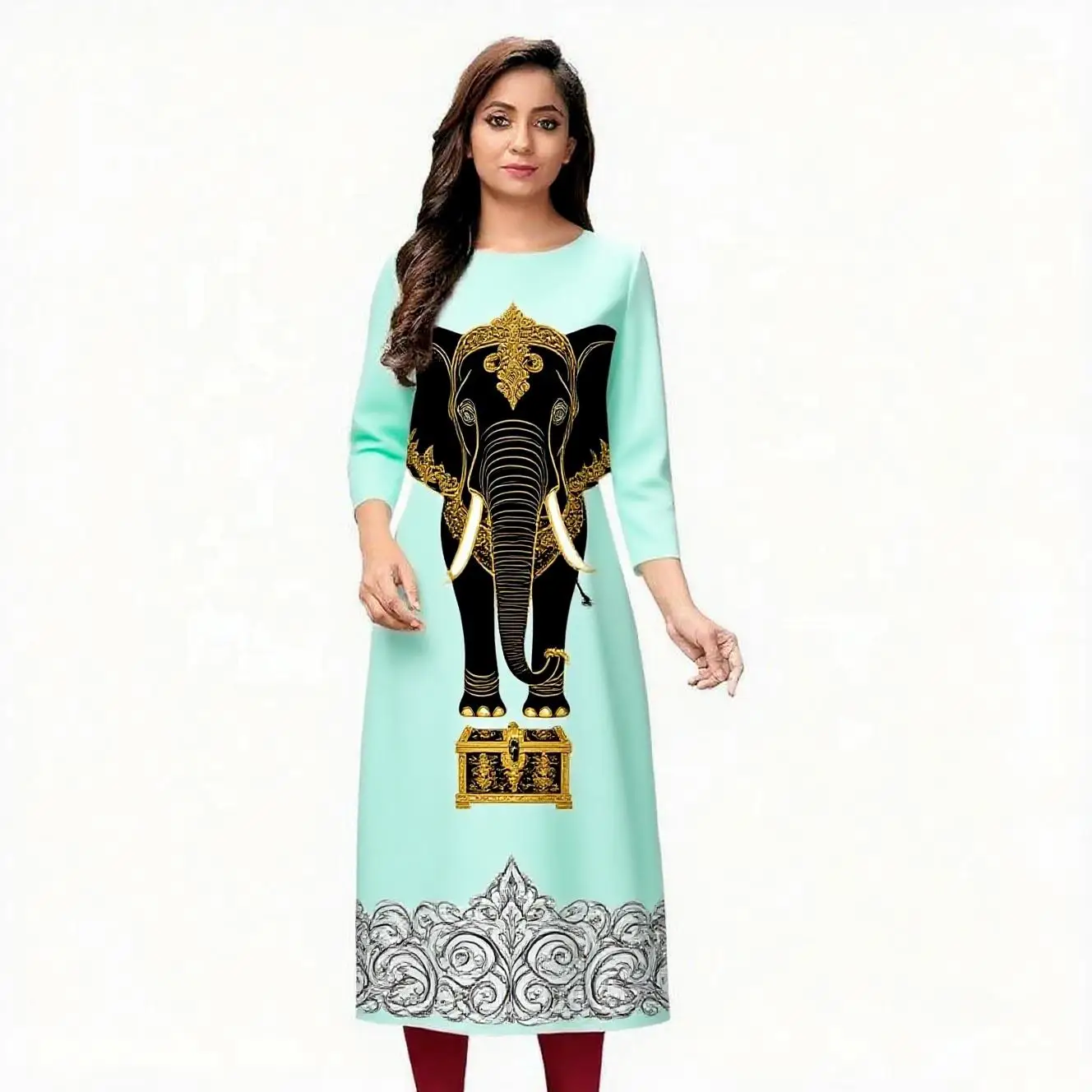 Abito da donna kurt alla moda a maniche lunghe a tubo dritto, casual, girocollo, motivo elefante.