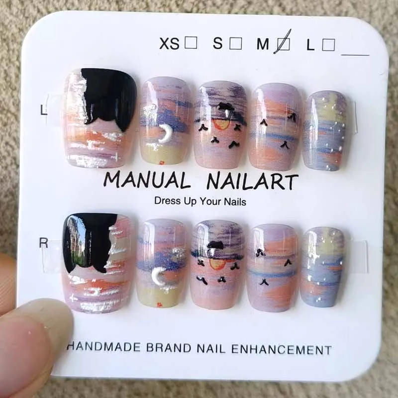 10Pcs Autumn and Winter Nail Art Maillard Press on Nails Cute Cartoon Frosted Raccoon Oil Painting Cat Nail Patch Nail Slices view 5