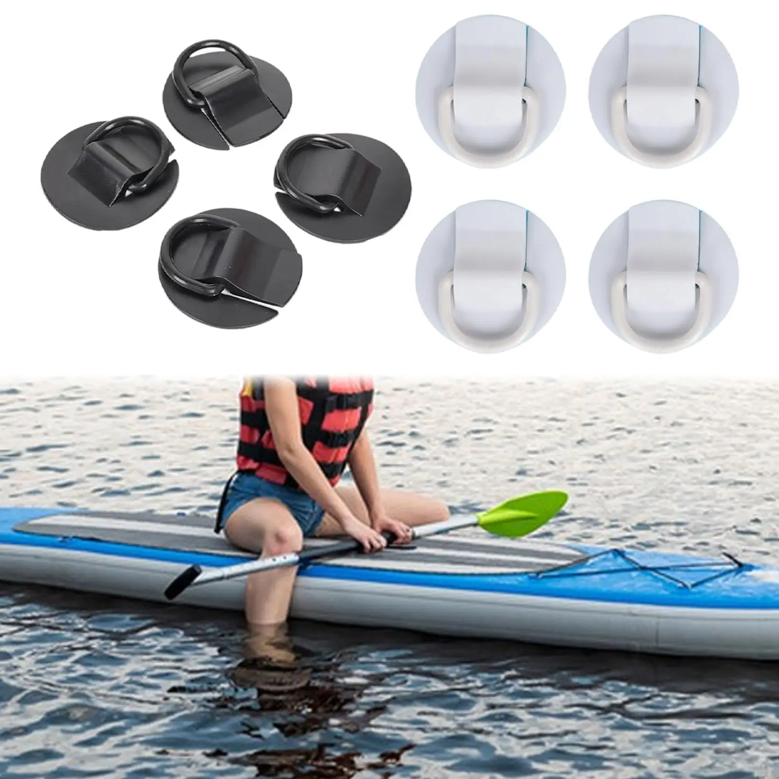 4x D Rings Patch Kayak Hardware No Glue Include Heavy Duty Fixed Buckle D Ring Pad for Dinghy Rafting Boat Paddle Board Canoeing