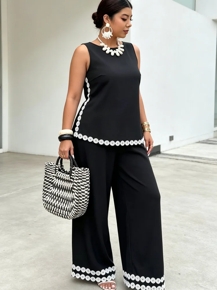 Plus Size Women Two Piece Outfit Sleeveless Top Wide Leg Pants Set White Lace Trim Casual Summer Matching Suit