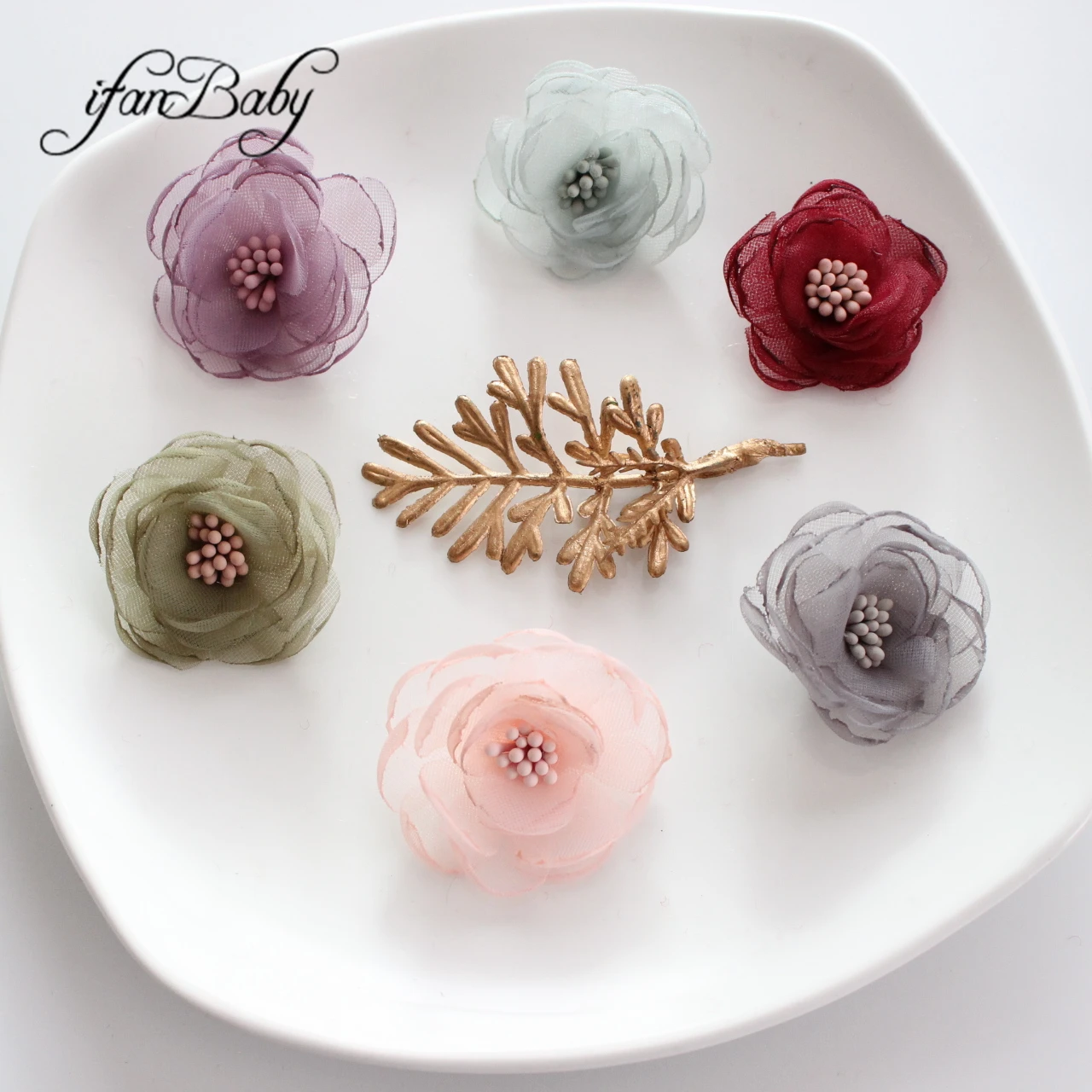 Fashion Organza Fabric Hair Flowers With Stamens In Center For DIY Craft Hair Accessories Singed Burnt Flowers