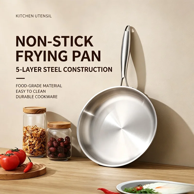 Uncoated 304 Stainless Steel Non-Stick Skillet Steak Frying Pan For Gas And Induction Stove