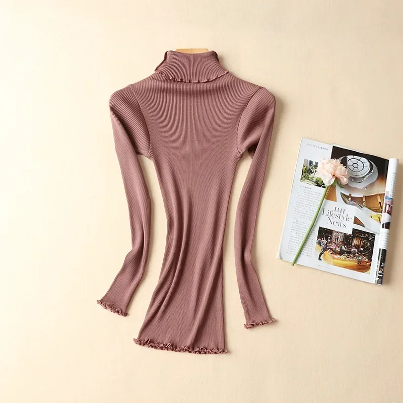 Women's Mulberry Silk Cotton Base Sweater High Elastic Slim Seamless  Long-sleeved Knit Top Turtleneck 70% Silk +30% Cotton image 3