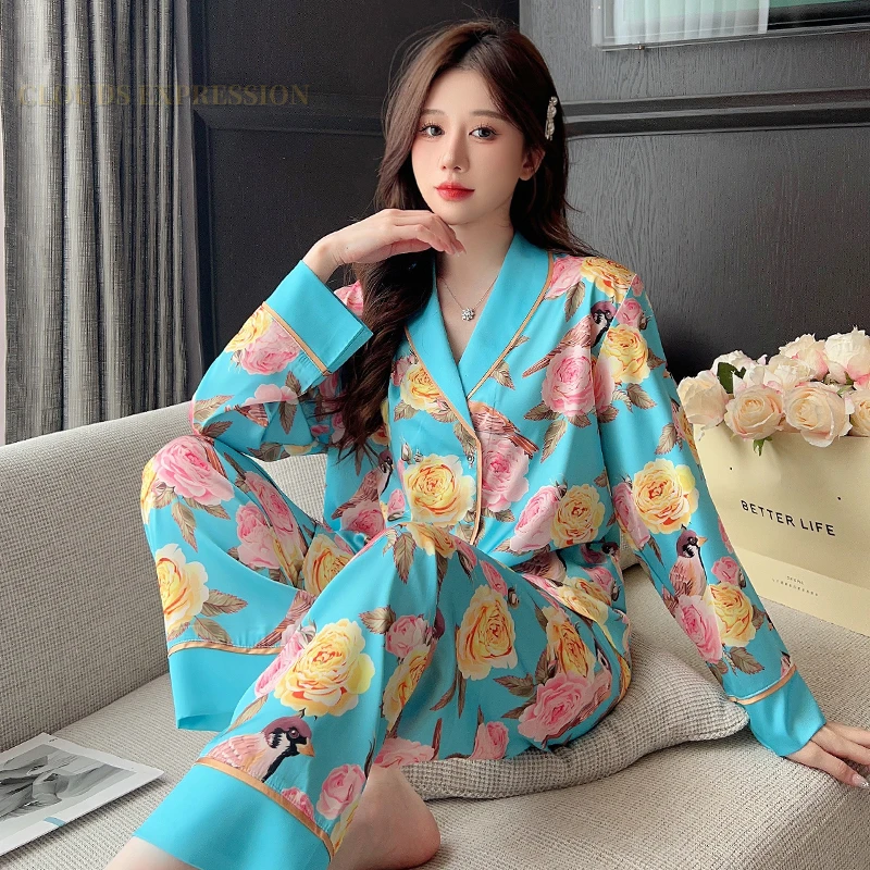 Spring Autumn Ladies Pjs Faux Silk Satin Elegant Pajama Sets Sexy Homewear Womens Casual Luxury Pajamas Pyjamas Female Sleepwear