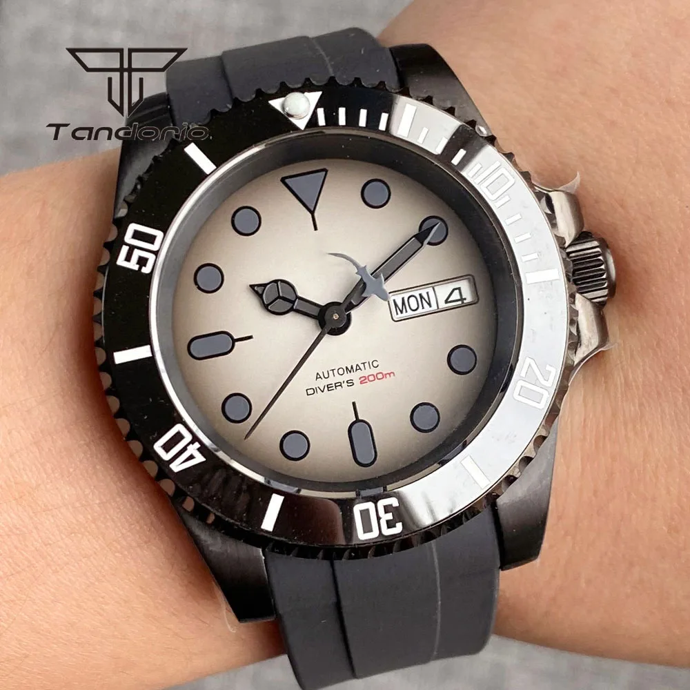 Imagem -02 - Tandorio-relógio Mecânico Automático Masculino Data Dupla Pvd Preto Sapphire Crystal Bisel Giratório de Cerâmica 40 mm Nh36