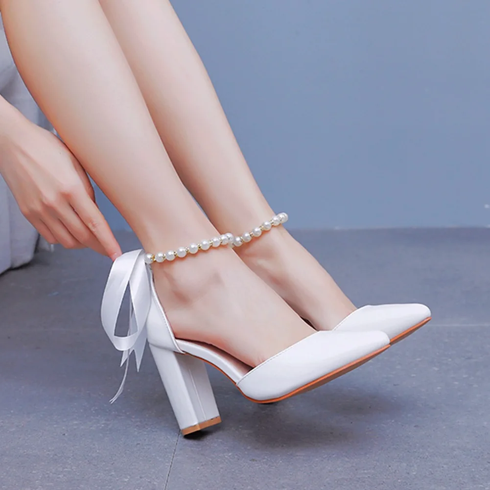 Новые женские роскошные туфли на толстом высоком каблуке с острым носком и жемчугом для свадебной вечеринки