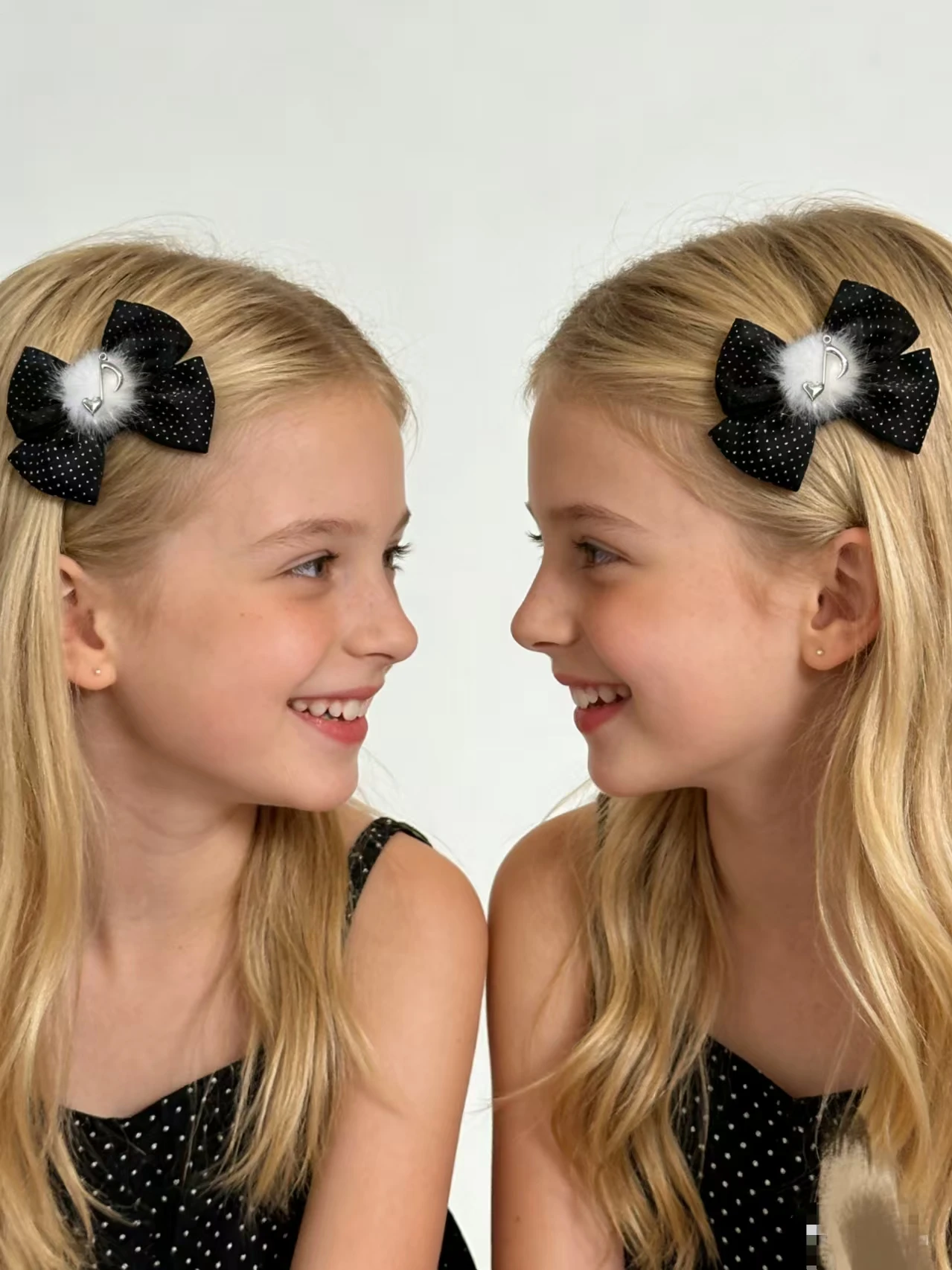 Black White Polka Dot Musical Note Hair Clip - Handmade Side Hairpin with Bow for Girls, Double Ponytail Accessory