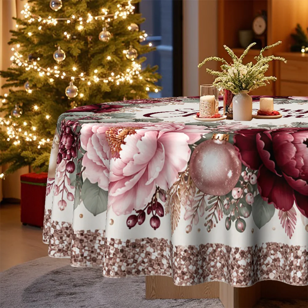1 round tablecloth, Christmas-themed decoration, floral pattern - holiday table cloth with trim