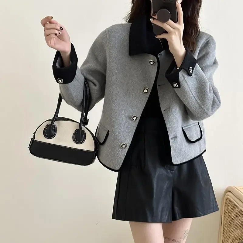 Women 2026 Autumn Winter Short Double Faced Woolen Coat French Chic Petite Gold Button Jacket