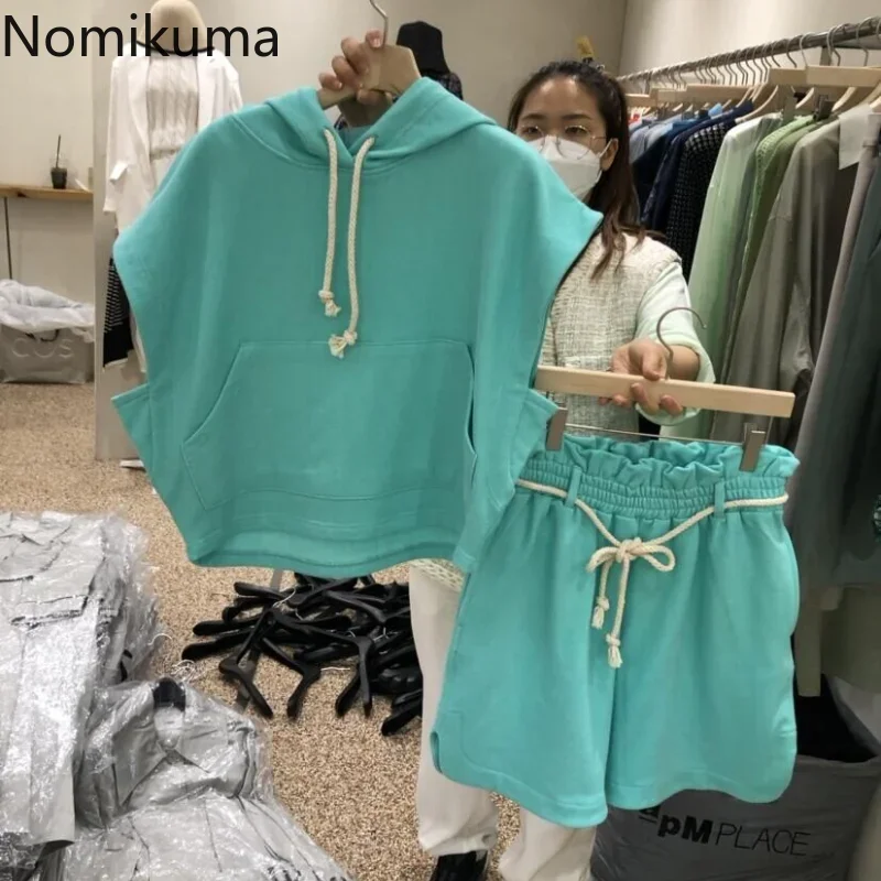 Nomikuma Woman Short Sets Sleeveless Hooded Pullover Sweatshirt + Lace Up Stretch Waist Shorts 2023 Summer 2 Pieces Suits 6H270