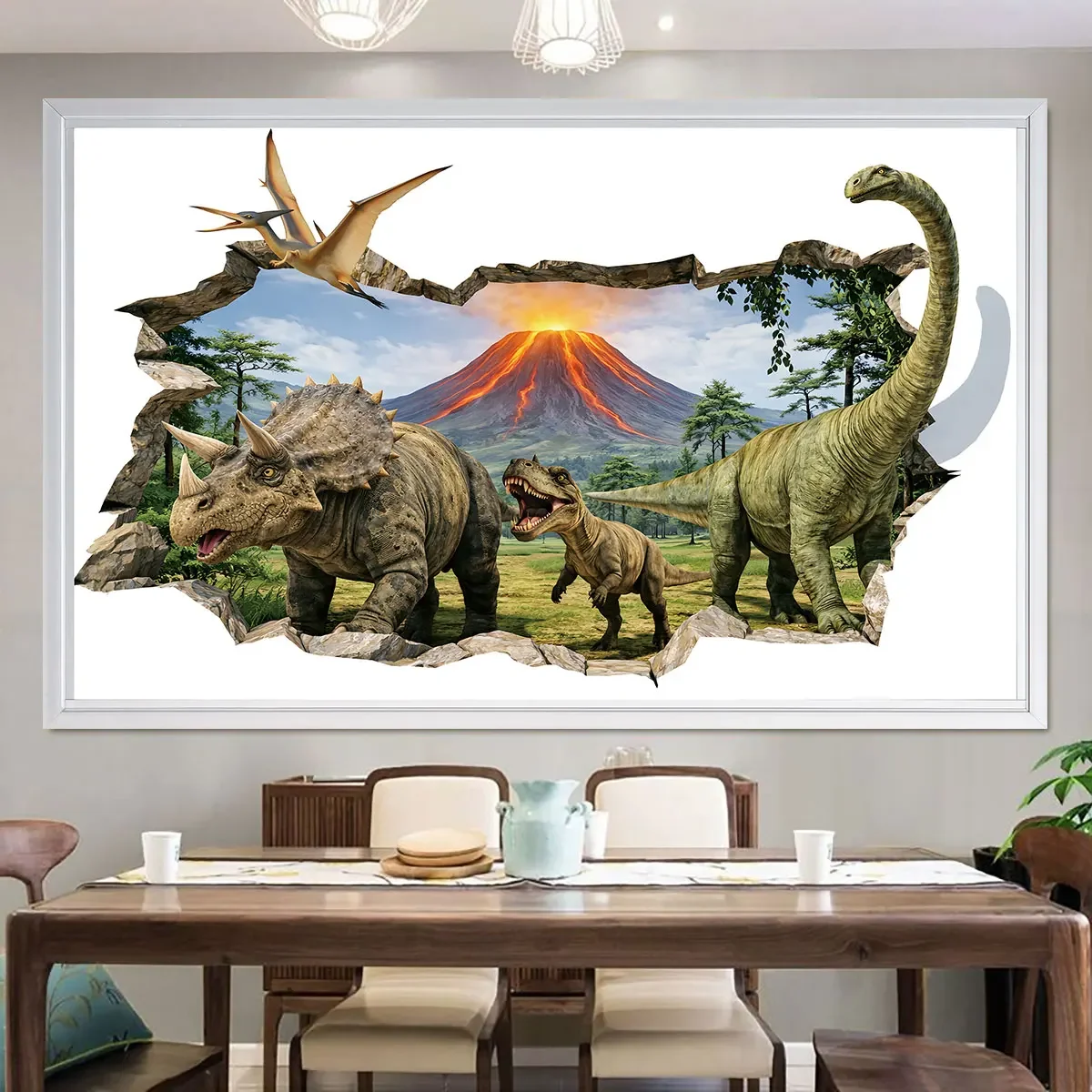 1 piece dinosaur volcano eruption dimensional wall sticker printed self-adhesive removable wall sticker PVC moisture-proof