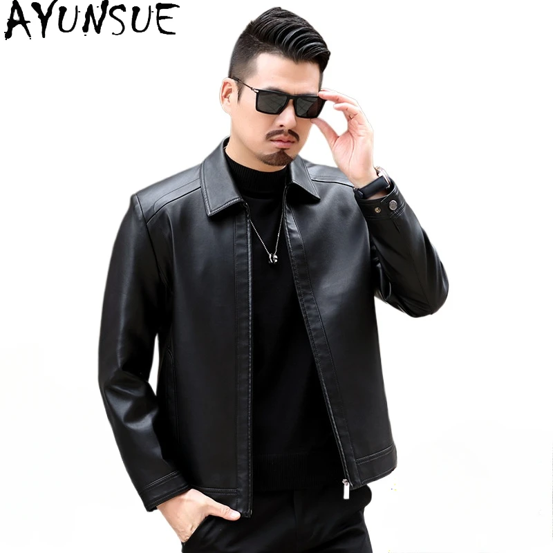 AYUNSUE Faux Medium and Long Leather Jacket Men's  Autumn and Winter New Business Casual Fleece Leather Coat Casacas Para Hombre