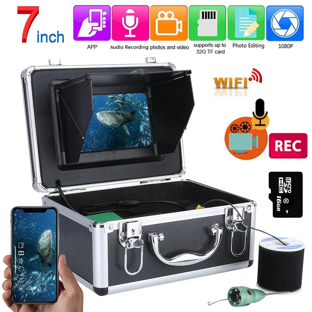 7'' Fish Finder Underwater Fishing MAOTEWANG 1080P Camera Kit WIFI Wireless 16GB Video Recording DVR+15M/20M 6W IR/White Camera