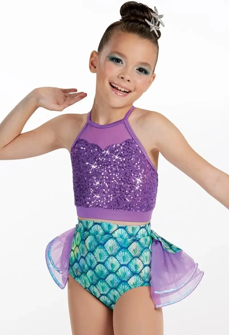 Purple sequin neck strap, shell style pants, fluffy skirt, jazz performance outfit