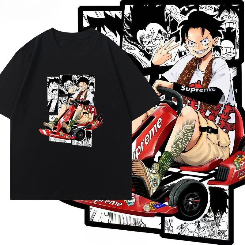 

New High-quality ONE PIECE Kart Animation Periphery Luffy Short-sleeved T-shirt Men's and Women's Pure Cotton Loose Clothes