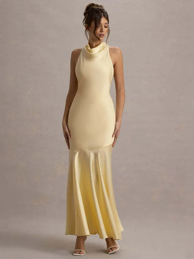 GACVGA エレガントなホルターマキシドレス女性のための 2025 夏スイング襟背中の開いたセクシーなボディコンクラブパーティーロングフィッシュテールドレス