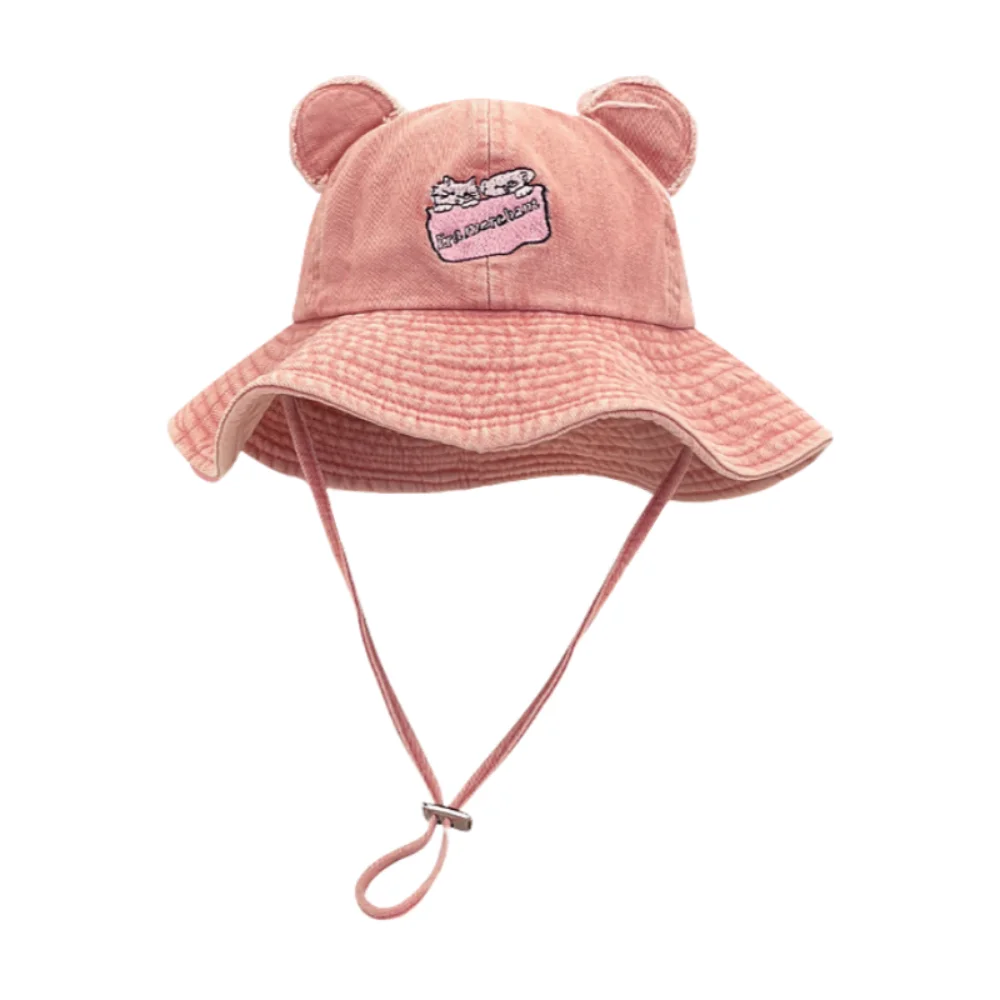 

UV Protection Bear Ears Hiking Fisherman Hat Sunscreen Embroidery Sun Denim Hat Retro Wide Brim Lace-up Bucket Cap Outdoor
